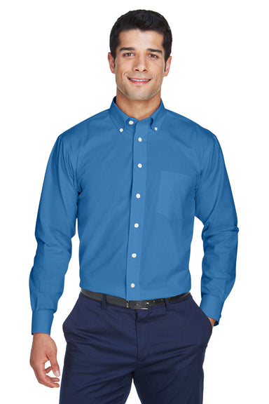 Devon & Jones D630 Mens Crown Woven Collection Wrinkle Resistant Long Sleeve Button Down Shirt w/ Pocket French Blue Front
