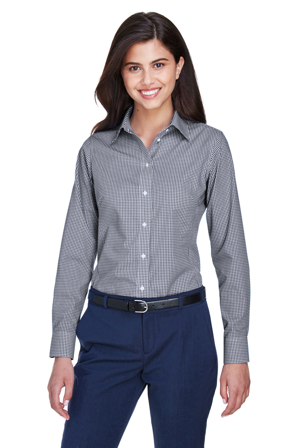 Devon & Jones D640W Womens Crown Woven Collection Wrinkle Resistant Long Sleeve Button Down Shirt Navy Blue Front