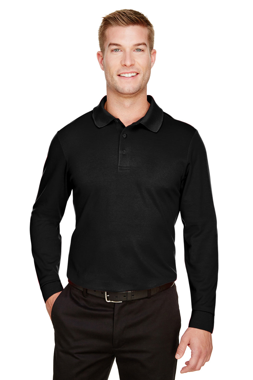 Devon & Jones Mens CrownLux Performance Moisture Wicking Long Sleeve Polo Shirt - Black