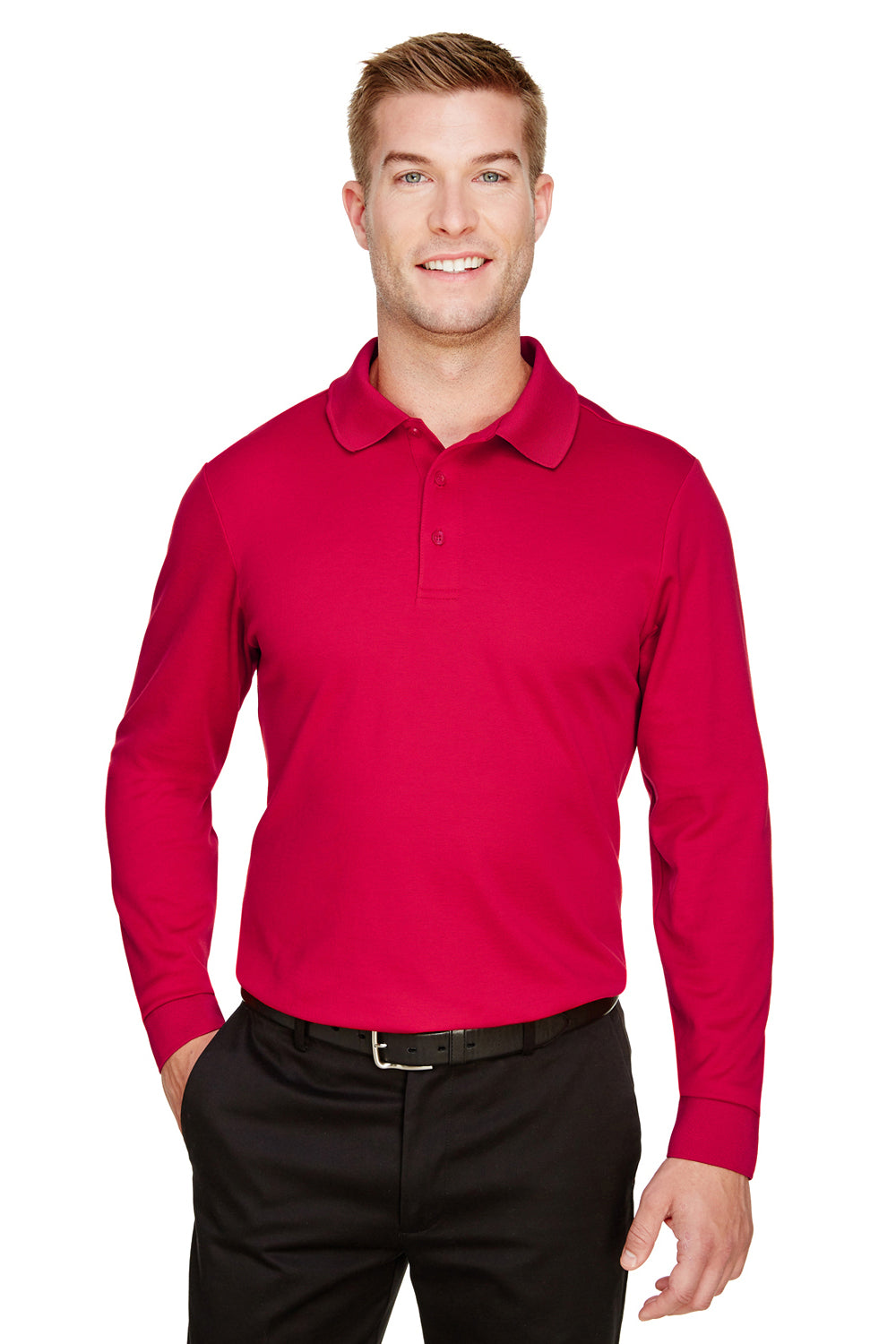 Devon & Jones Mens CrownLux Performance Moisture Wicking Long Sleeve Polo Shirt - Red