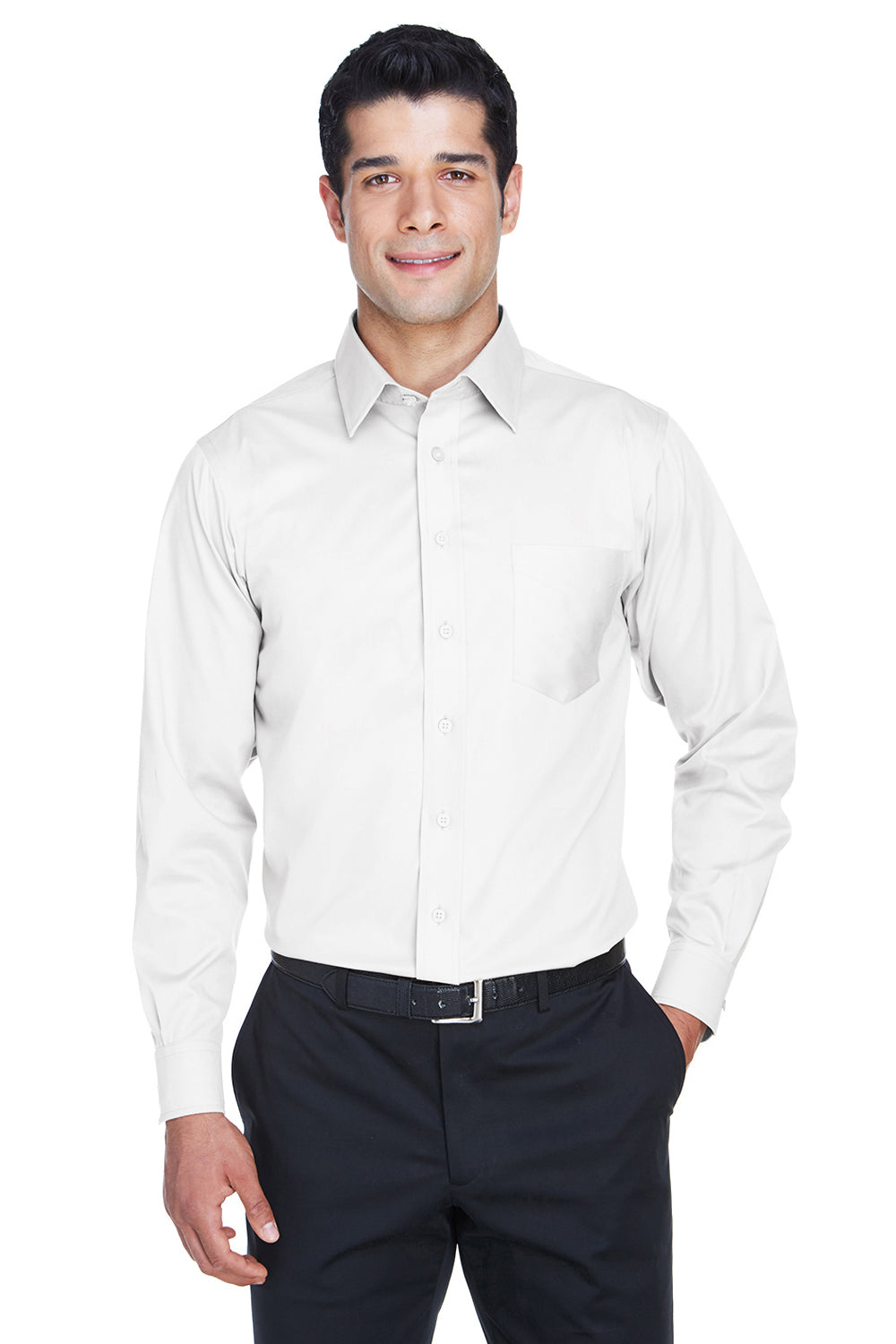 Devon & Jones DG530 Mens Crown Woven Collection Wrinkle Resistant Long Sleeve Button Down Shirt w/ Pocket White Front