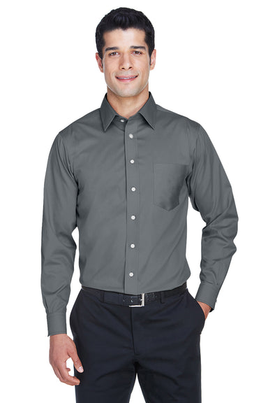 Devon & Jones DG530 Mens Crown Woven Collection Wrinkle Resistant Long Sleeve Button Down Shirt w/ Pocket Graphite Grey Front