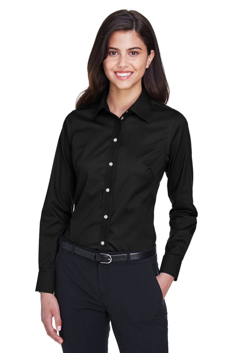 Devon & Jones DG530W Womens Crown Woven Collection Wrinkle Resistant Long Sleeve Button Down Shirt w/ Pocket Black Front
