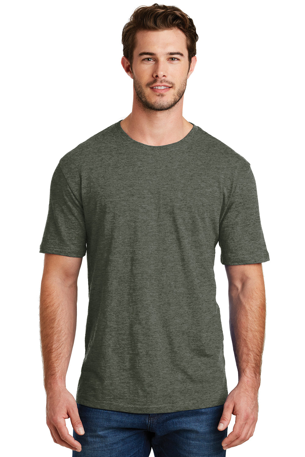 District DM108 Mens Perfect Blend Short Sleeve Crewneck T-Shirt Heather Olive Green Front