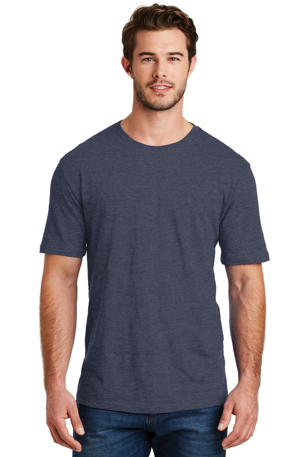 District DM108 Mens Perfect Blend Short Sleeve Crewneck T-Shirt Heather Navy Blue Front