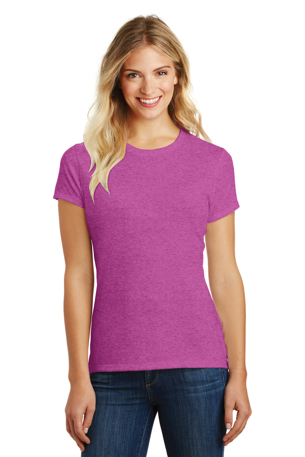 District DM108L Womens Perfect Blend Short Sleeve Crewneck T-Shirt Heather Pink Raspberry Front