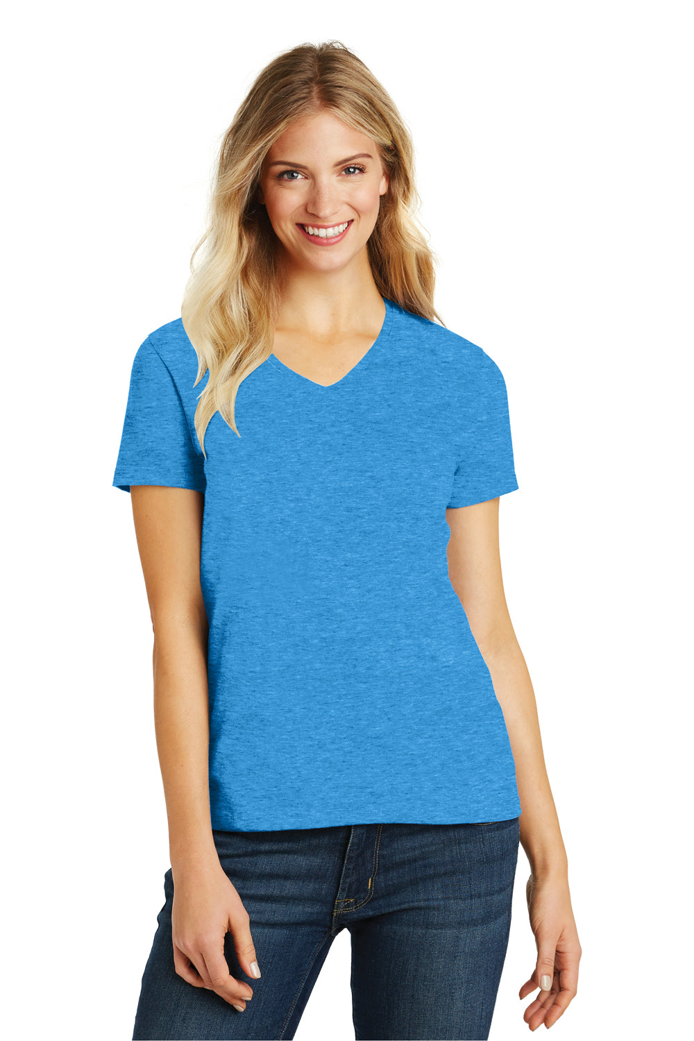 District DM1190L Womens Perfect Blend Short Sleeve V-Neck T-Shirt Heather Turquoise Blue Front