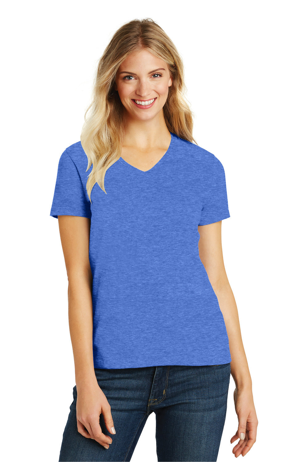 District DM1190L Womens Perfect Blend Short Sleeve V-Neck T-Shirt Heather Royal Blue Front