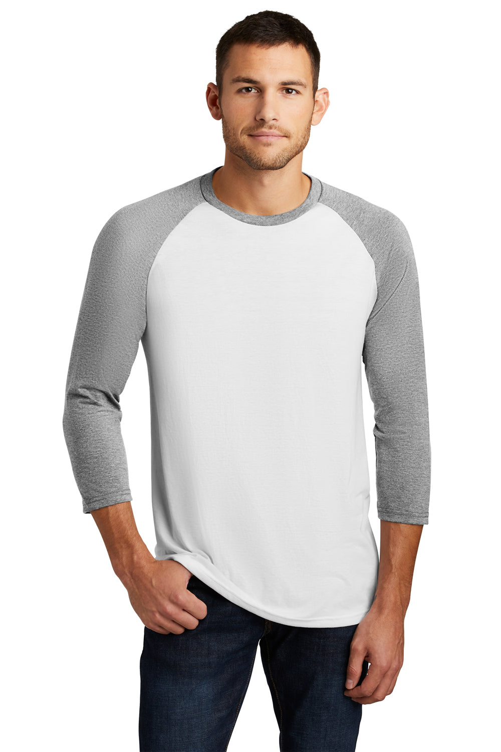 District DM136 Mens Perfect Tri 3/4 Sleeve Crewneck T-Shirt White/Grey Frost Front