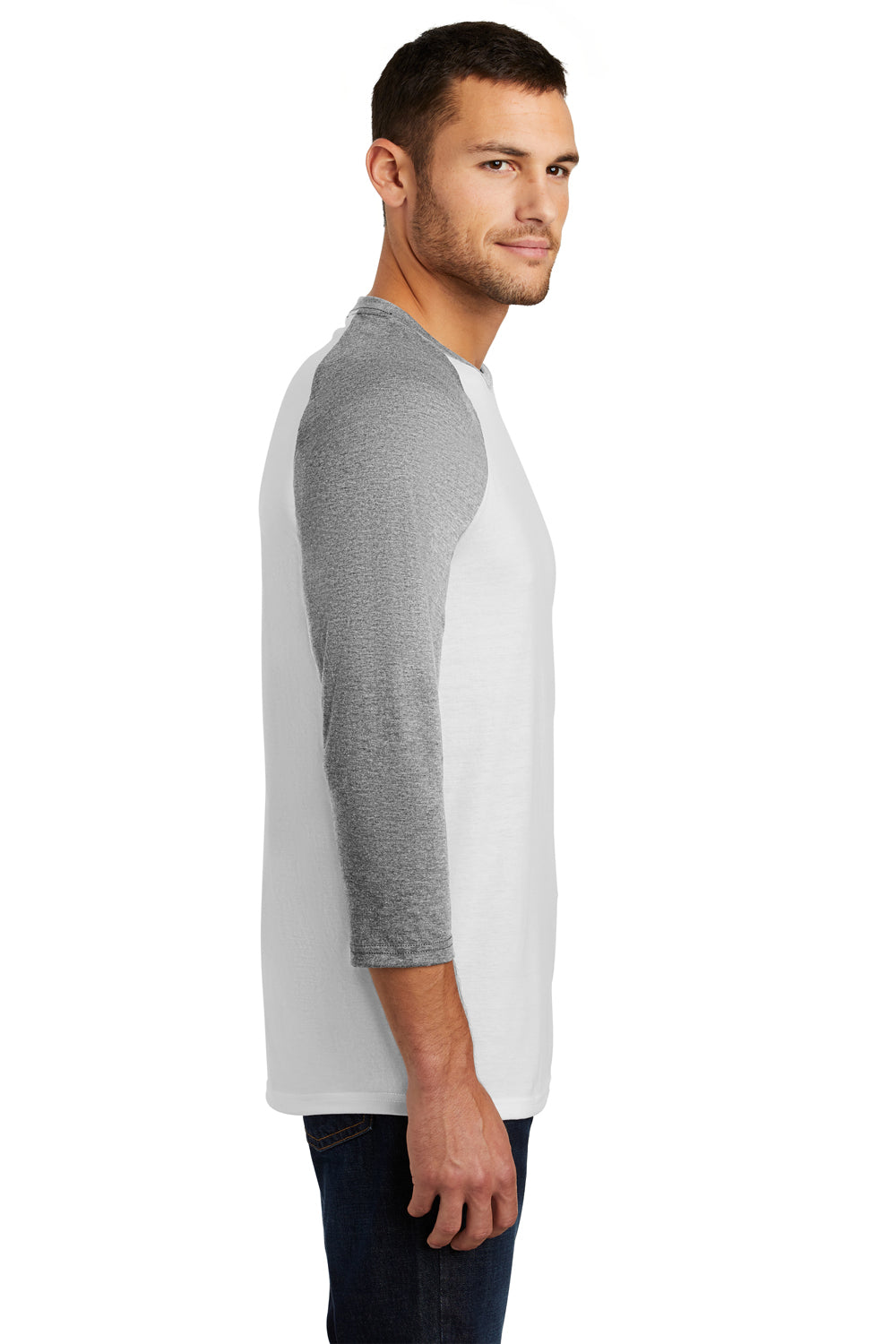 District DM136 Mens Perfect Tri 3/4 Sleeve Crewneck T-Shirt White/Grey Frost Side