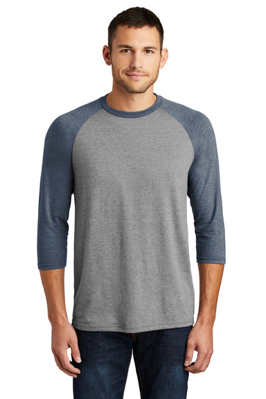 District DM136 Mens Perfect Tri 3/4 Sleeve Crewneck T-Shirt Grey Frost/Navy Blue Front