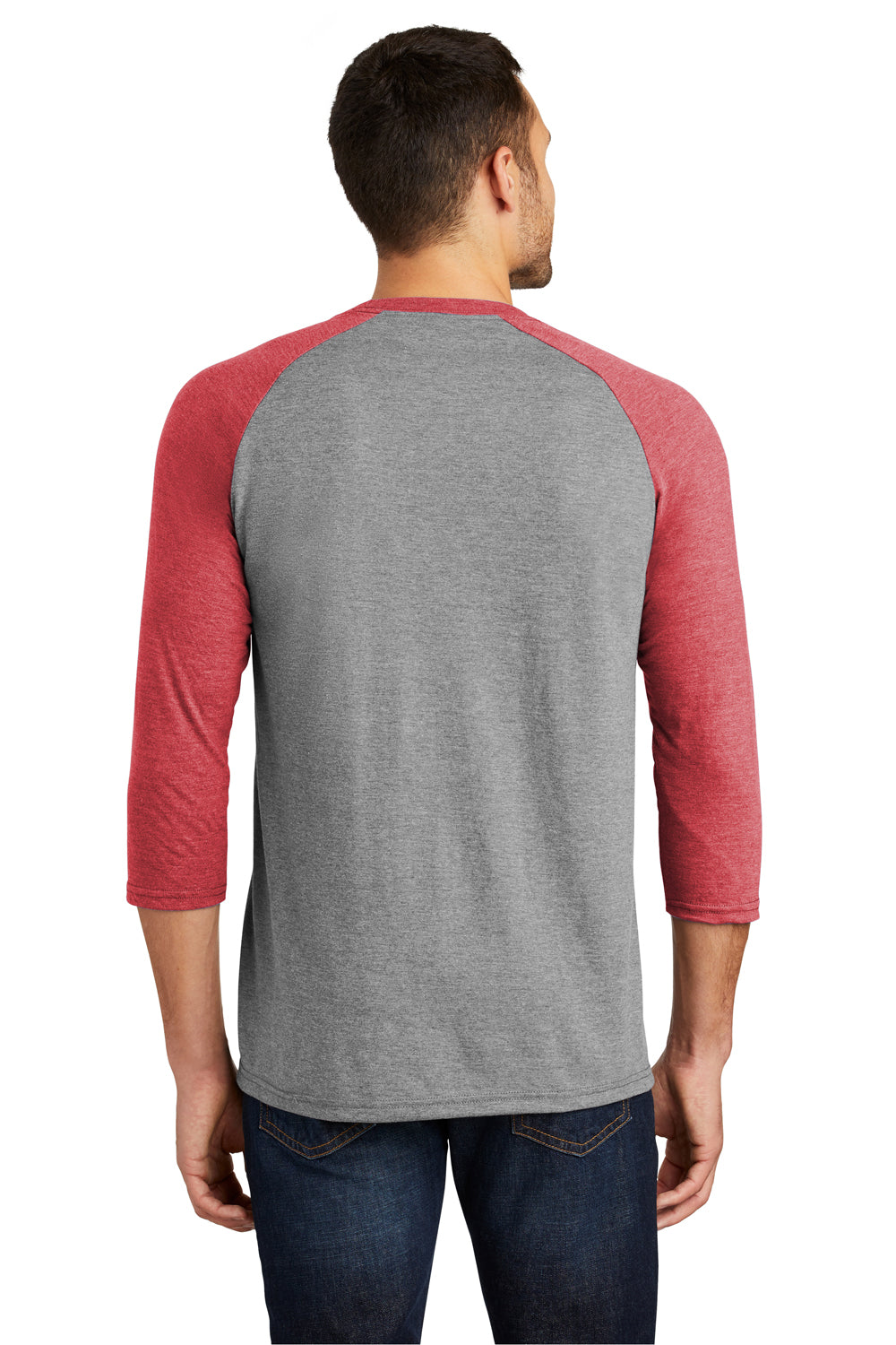 District DM136 Mens Perfect Tri 3/4 Sleeve Crewneck T-Shirt Grey Frost/Red Back