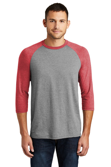 District DM136 Mens Perfect Tri 3/4 Sleeve Crewneck T-Shirt Grey Frost/Red Front