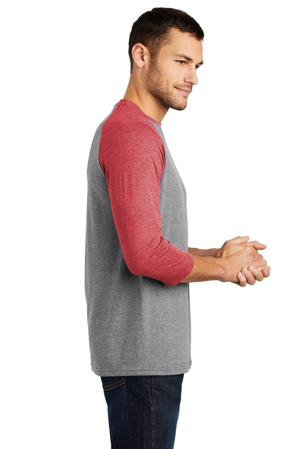 District DM136 Mens Perfect Tri 3/4 Sleeve Crewneck T-Shirt Grey Frost/Red Side