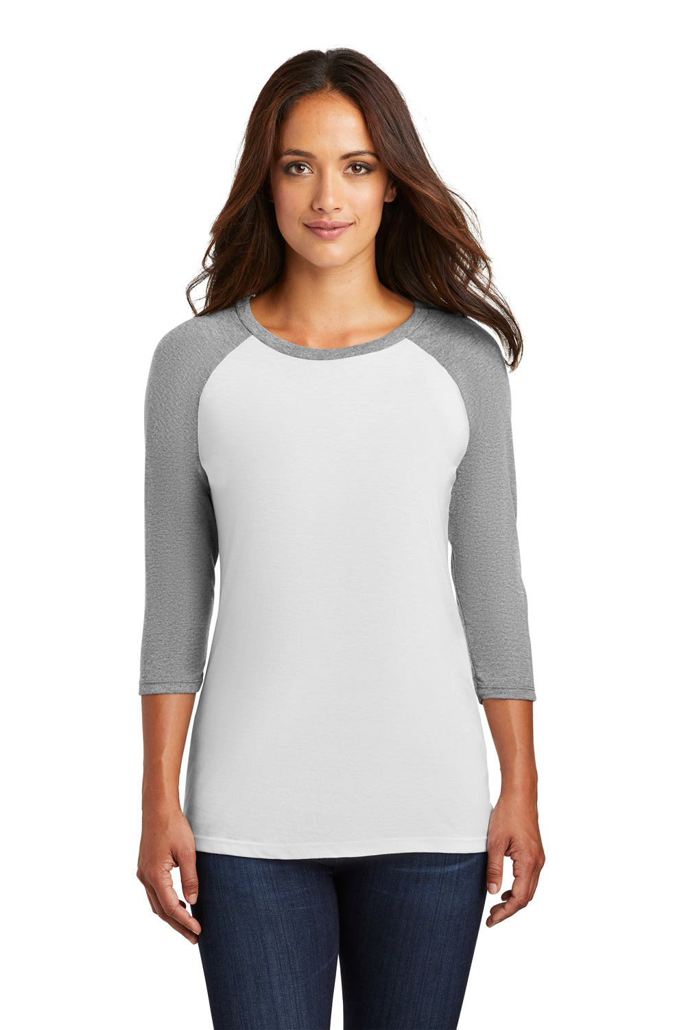 District DM136L Womens Perfect Tri 3/4 Sleeve Crewneck T-Shirt White/Grey Frost Front