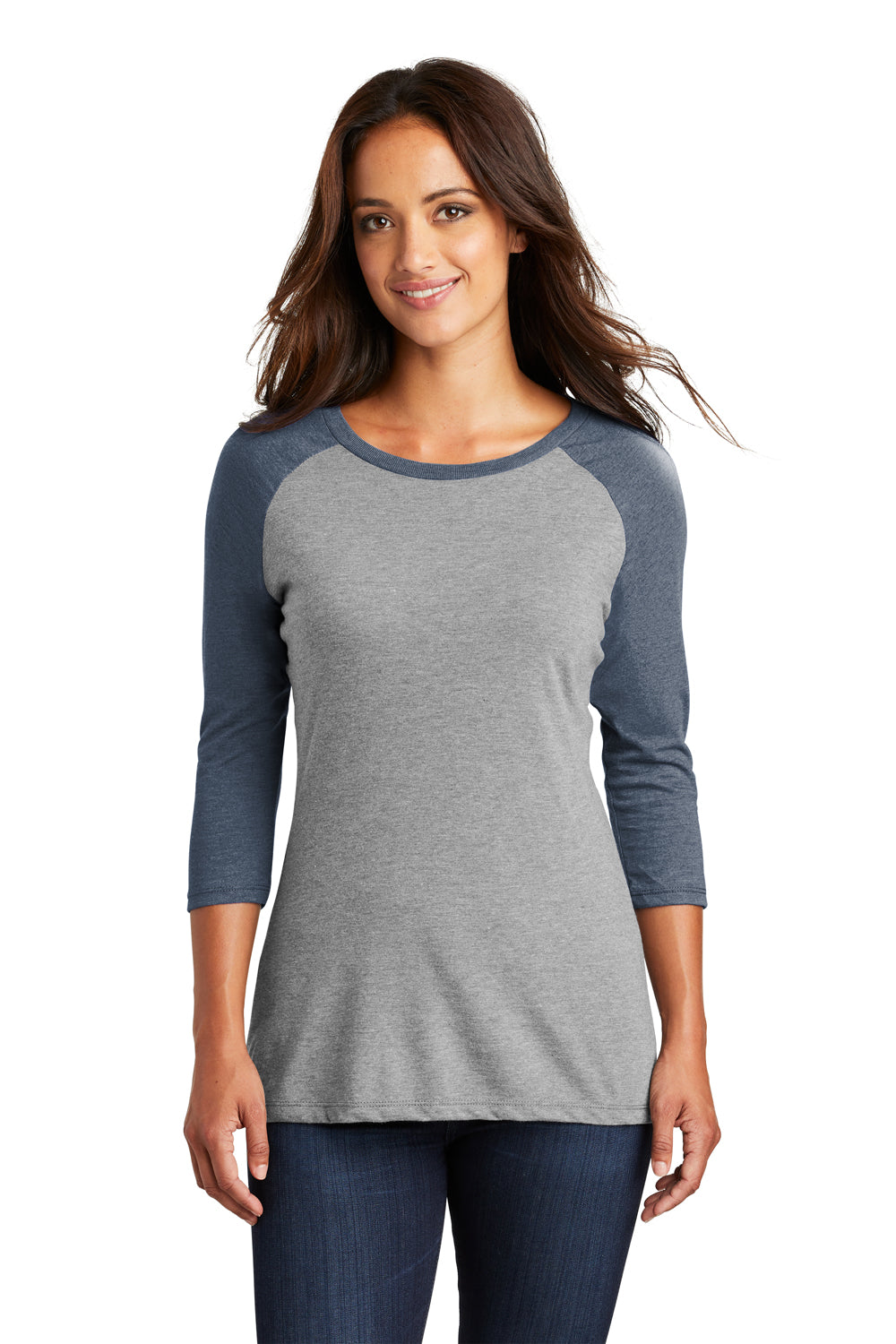 District DM136L Womens Perfect Tri 3/4 Sleeve Crewneck T-Shirt Grey Frost/Navy Blue Front