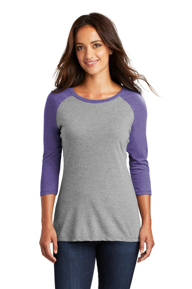 District DM136L Womens Perfect Tri 3/4 Sleeve Crewneck T-Shirt Grey Frost/Purple Front