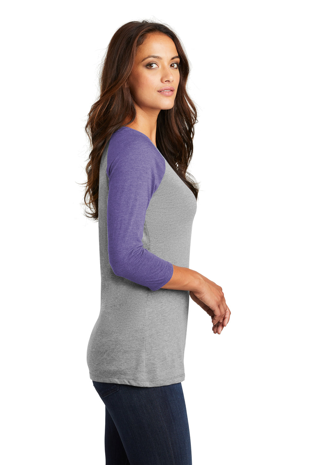 District DM136L Womens Perfect Tri 3/4 Sleeve Crewneck T-Shirt Grey Frost/Purple Side