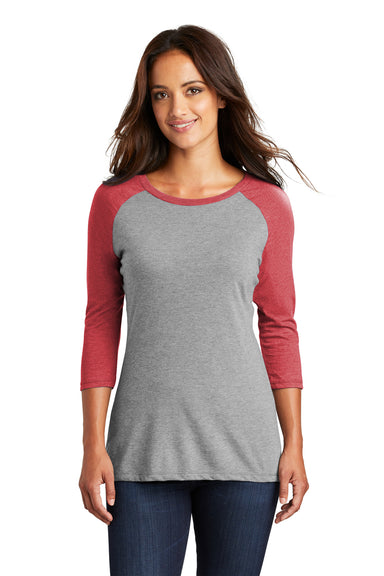 District DM136L Womens Perfect Tri 3/4 Sleeve Crewneck T-Shirt Grey Frost/Red Front