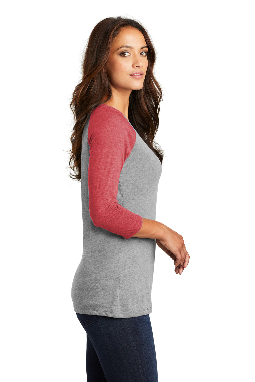 District DM136L Womens Perfect Tri 3/4 Sleeve Crewneck T-Shirt Grey Frost/Red Side