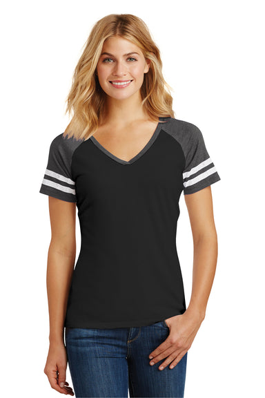 District DM476 Womens Game Short Sleeve V-Neck T-Shirt Black/Charcoal Grey Front