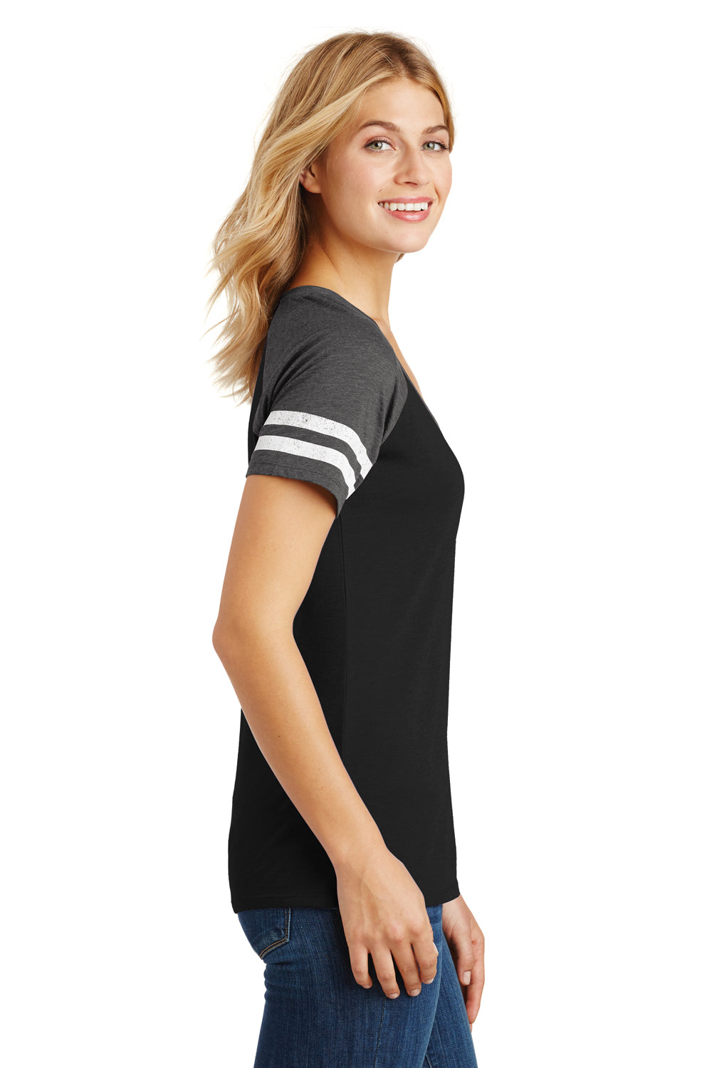 District DM476 Womens Game Short Sleeve V-Neck T-Shirt Black/Charcoal Grey Side