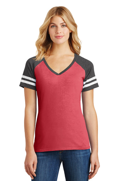 District DM476 Womens Game Short Sleeve V-Neck T-Shirt Heather Red/Charcoal Grey Front