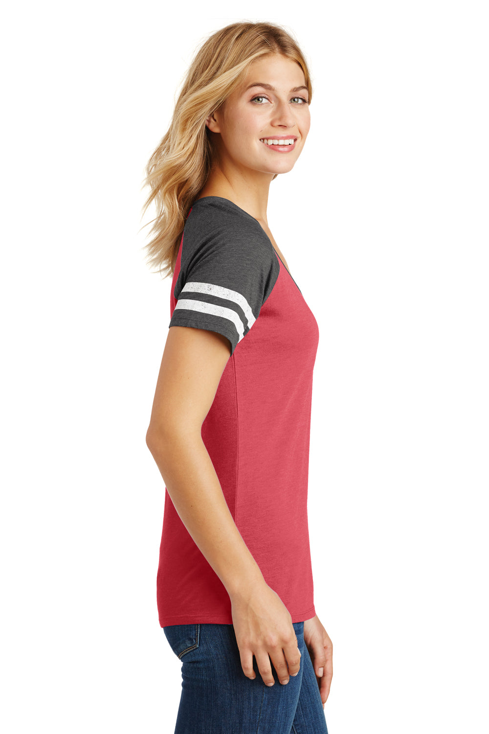 District DM476 Womens Game Short Sleeve V-Neck T-Shirt Heather Red/Charcoal Grey Side