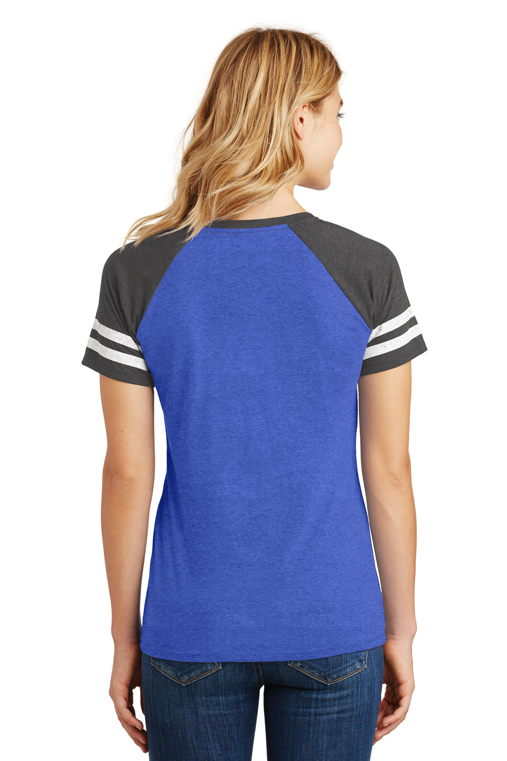 District DM476 Womens Game Short Sleeve V-Neck T-Shirt Heather Royal Blue/Charcoal Grey Back
