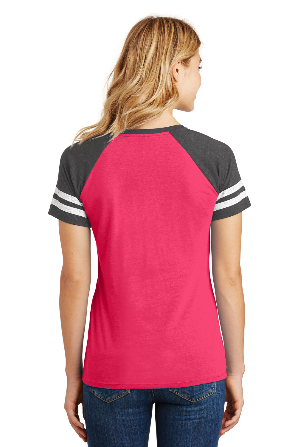 District DM476 Womens Game Short Sleeve V-Neck T-Shirt Heather Pink/Charcoal Grey Back