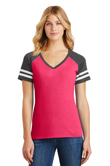 District DM476 Womens Game Short Sleeve V-Neck T-Shirt Heather Pink/Charcoal Grey Front