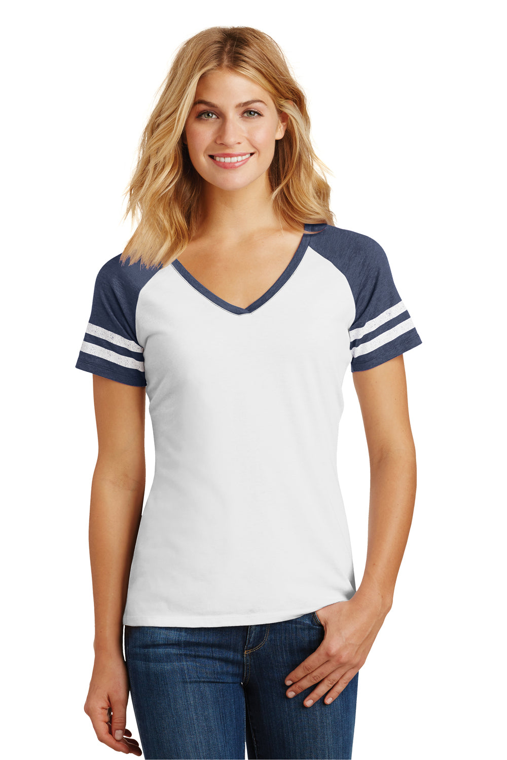 District DM476 Womens Game Short Sleeve V-Neck T-Shirt White/Heather Navy Blue Front