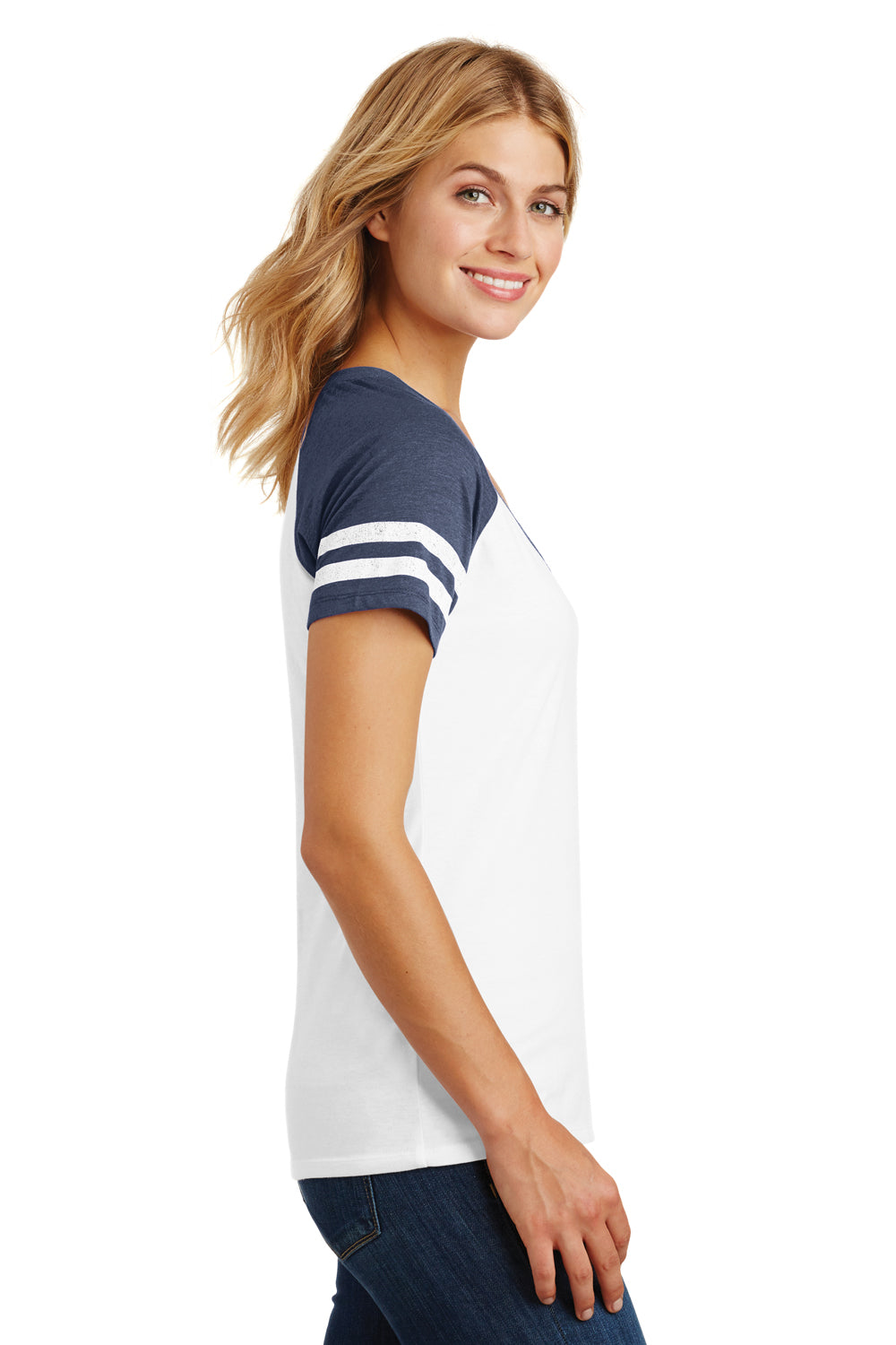 District DM476 Womens Game Short Sleeve V-Neck T-Shirt White/Heather Navy Blue Side