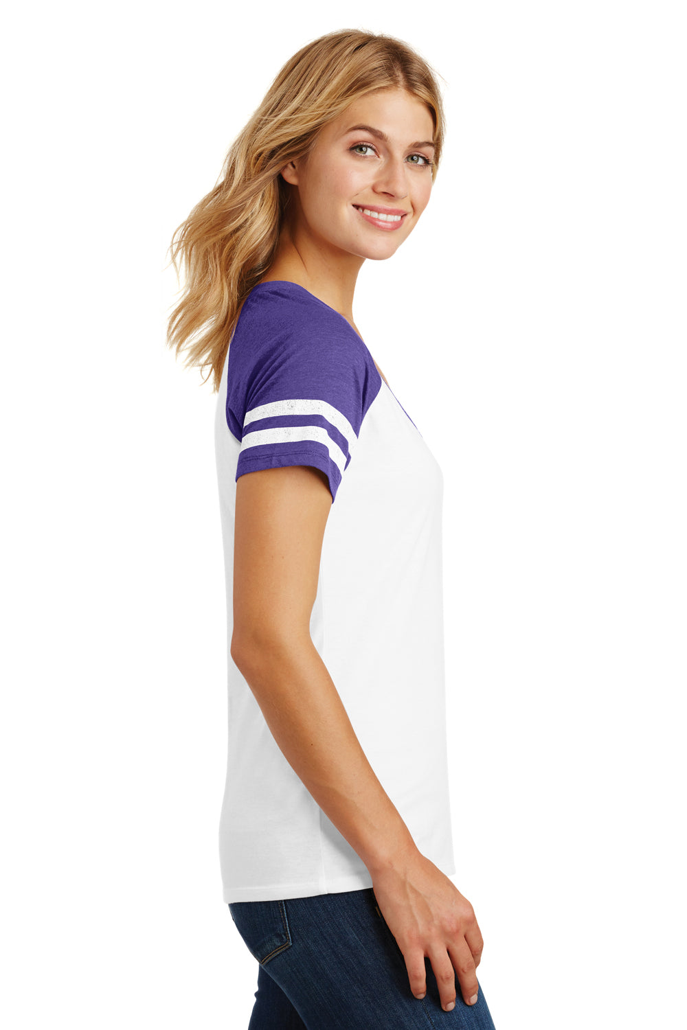 District DM476 Womens Game Short Sleeve V-Neck T-Shirt White/Heather Purple Side