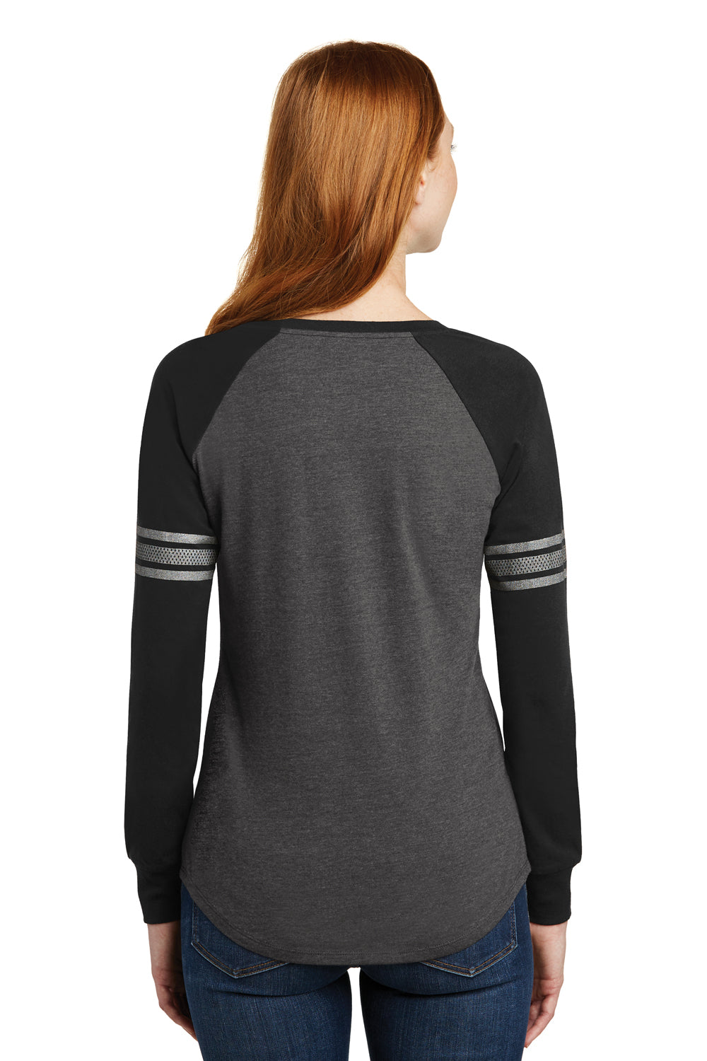District DM477 Womens Game Long Sleeve V-Neck T-Shirt Heather Charcoal Grey/Black/Silver Grey Back