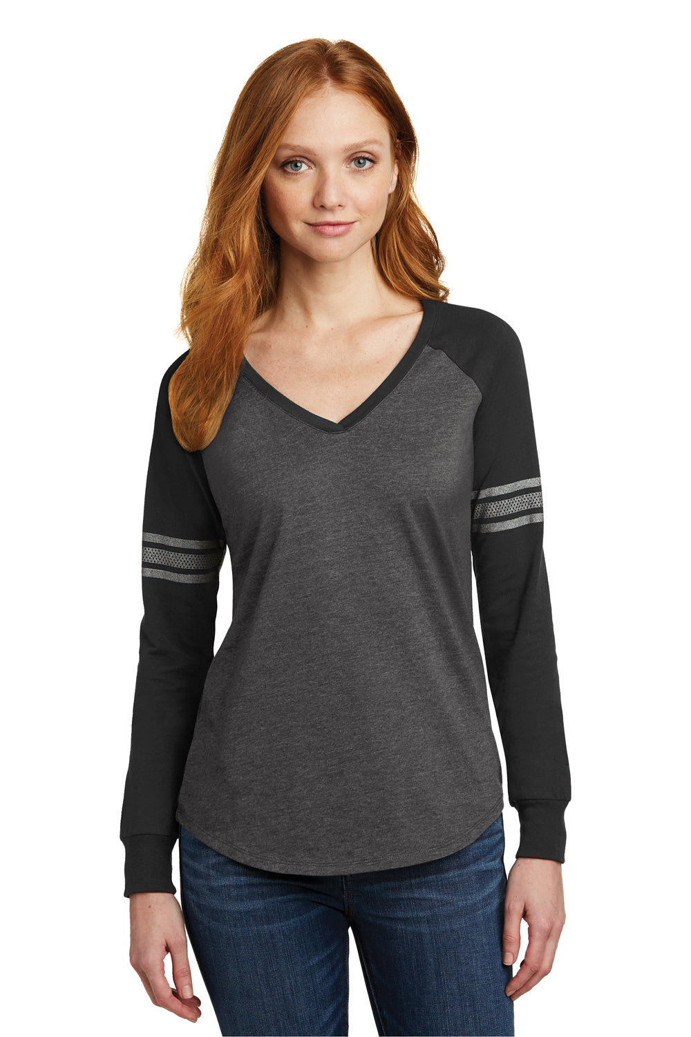 District DM477 Womens Game Long Sleeve V-Neck T-Shirt Heather Charcoal Grey/Black/Silver Grey Front