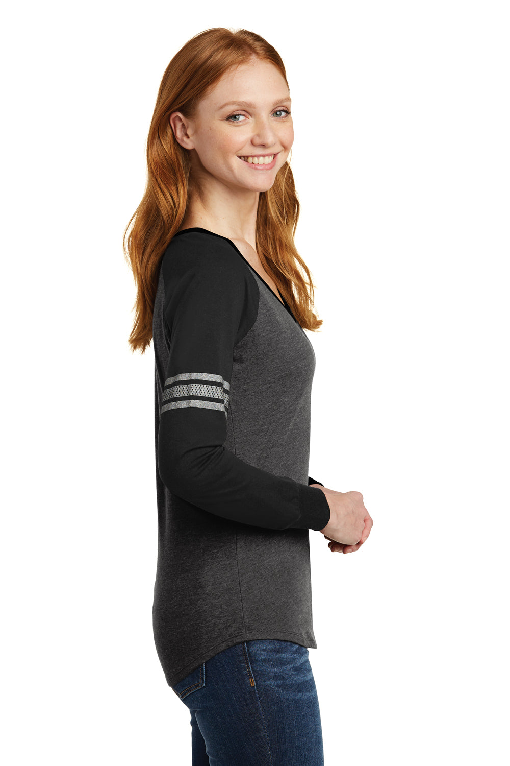 District DM477 Womens Game Long Sleeve V-Neck T-Shirt Heather Charcoal Grey/Black/Silver Grey Side