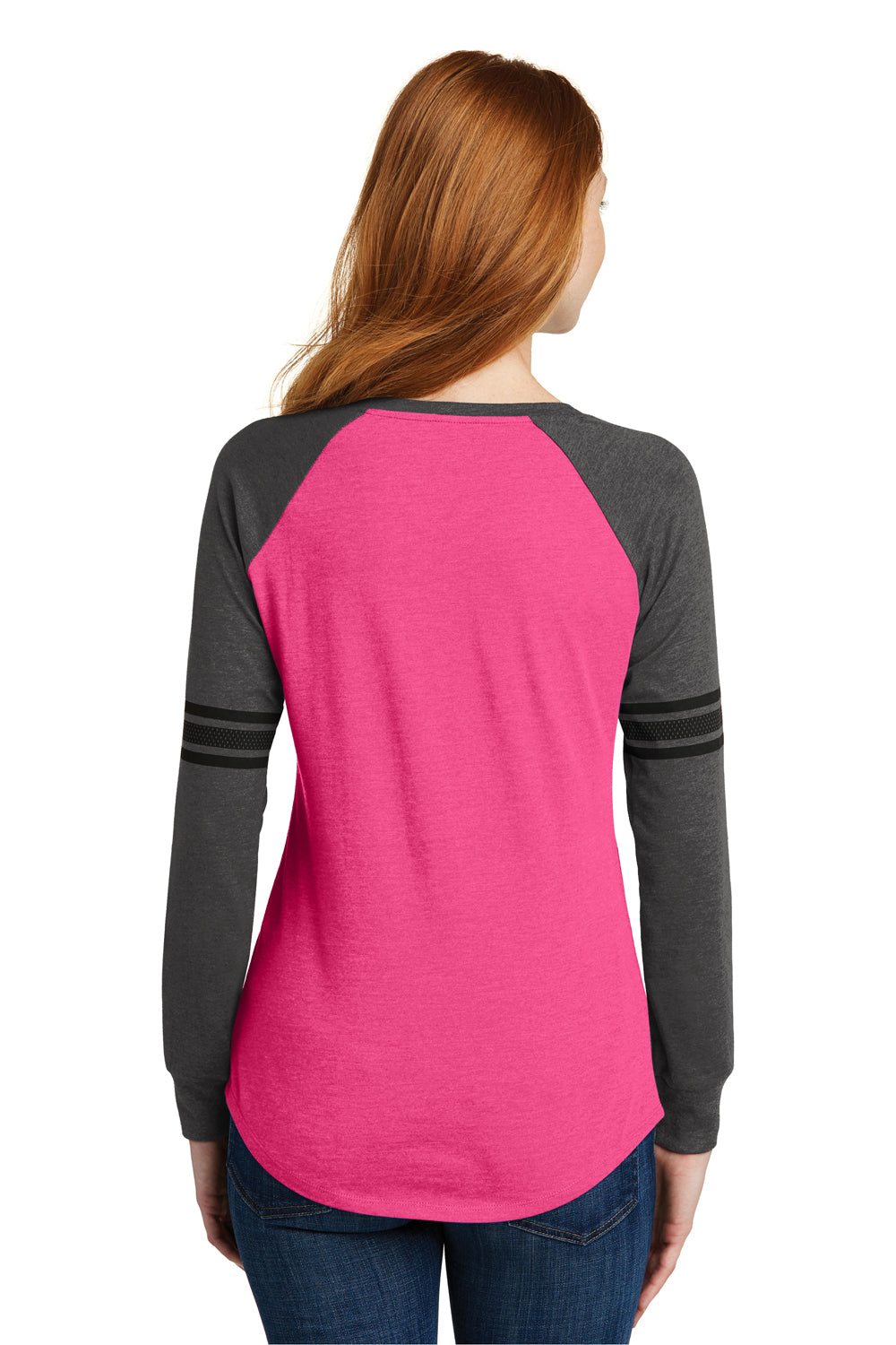 District DM477 Womens Game Long Sleeve V-Neck T-Shirt Heather Fuchsia Pink/Heather Charcoal Grey/Black Back