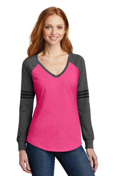 District DM477 Womens Game Long Sleeve V-Neck T-Shirt Heather Fuchsia Pink/Heather Charcoal Grey/Black Front