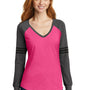 District Womens Game Long Sleeve V-Neck T-Shirt - Heather Dark Fuchsia Pink/Heather Charcoal Grey/Black - Closeout