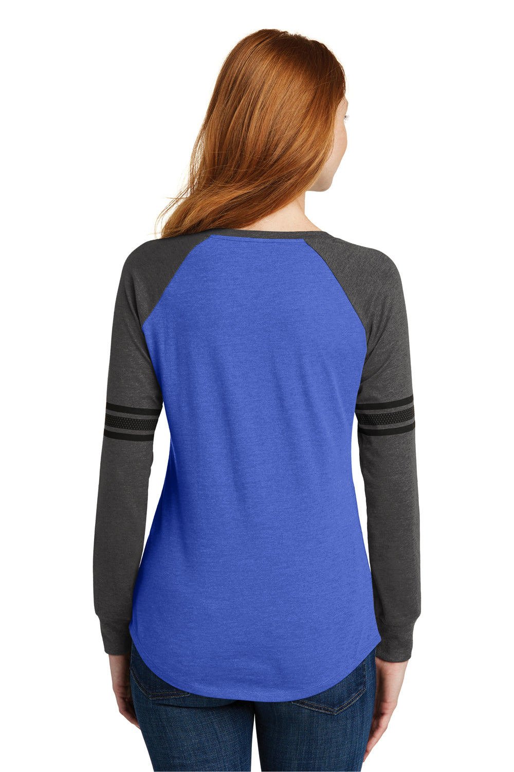 District DM477 Womens Game Long Sleeve V-Neck T-Shirt Heather Royal Blue/Heather Charcoal Grey/Black Back