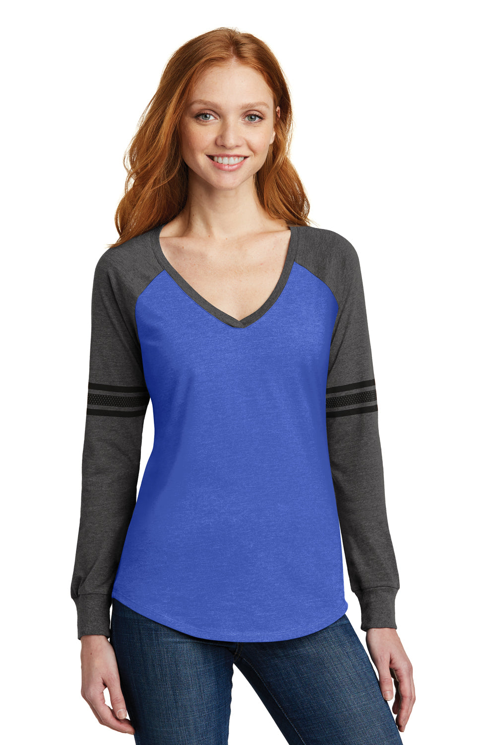 District DM477 Womens Game Long Sleeve V-Neck T-Shirt Heather Royal Blue/Heather Charcoal Grey/Black Front