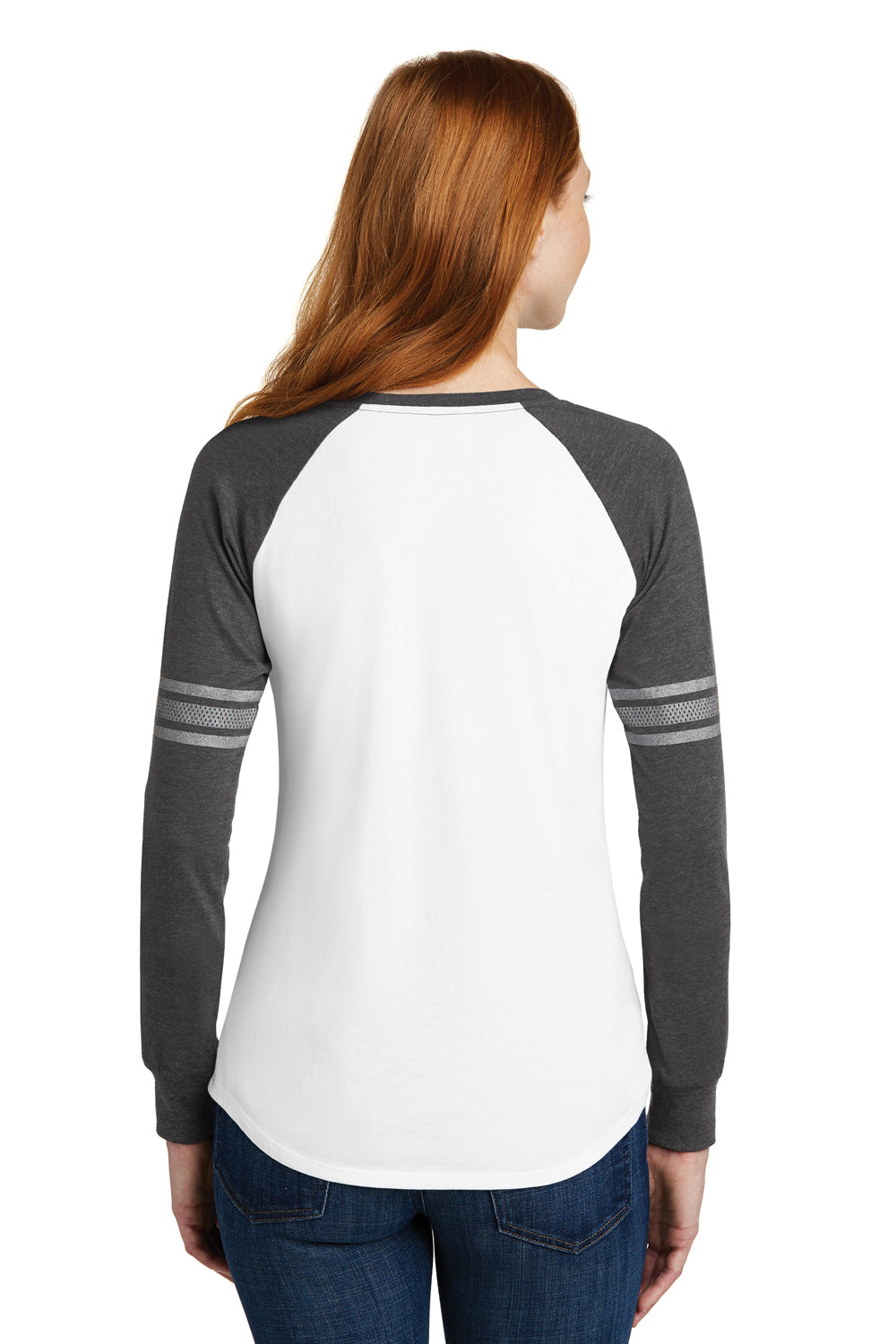 District DM477 Womens Game Long Sleeve V-Neck T-Shirt White/Heather Charcoal Grey/Silver Grey Back