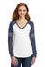 District DM477 Womens Game Long Sleeve V-Neck T-Shirt White/Heather Navy Blue/Silver Grey Front
