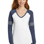 District Womens Game Long Sleeve V-Neck T-Shirt - White/Heather Navy Blue/Silver Grey - Closeout
