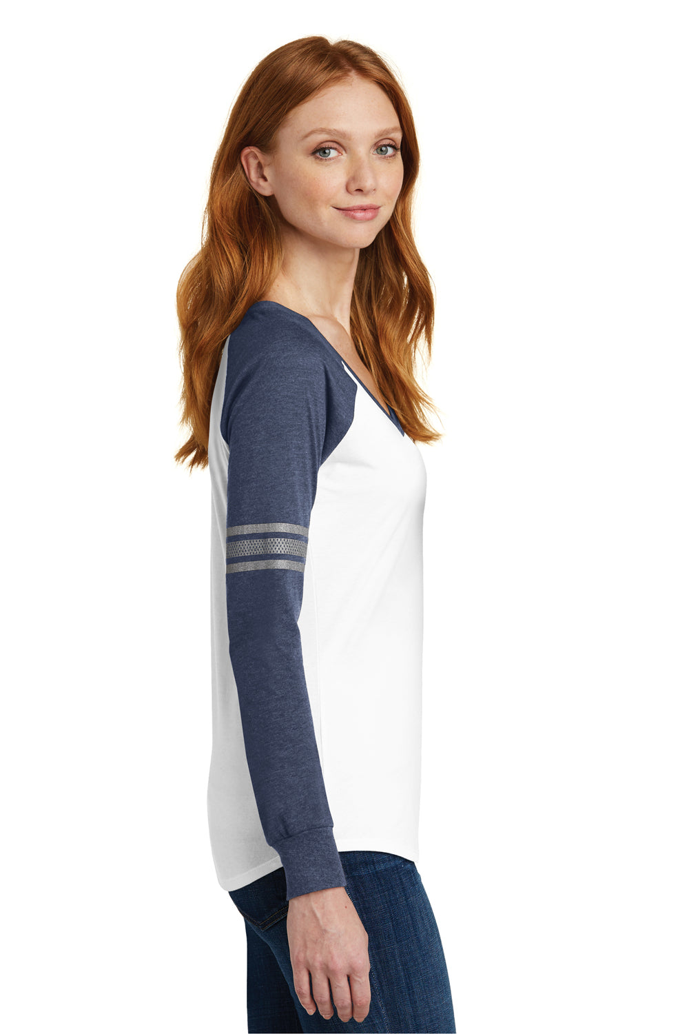 District DM477 Womens Game Long Sleeve V-Neck T-Shirt White/Heather Navy Blue/Silver Grey Side