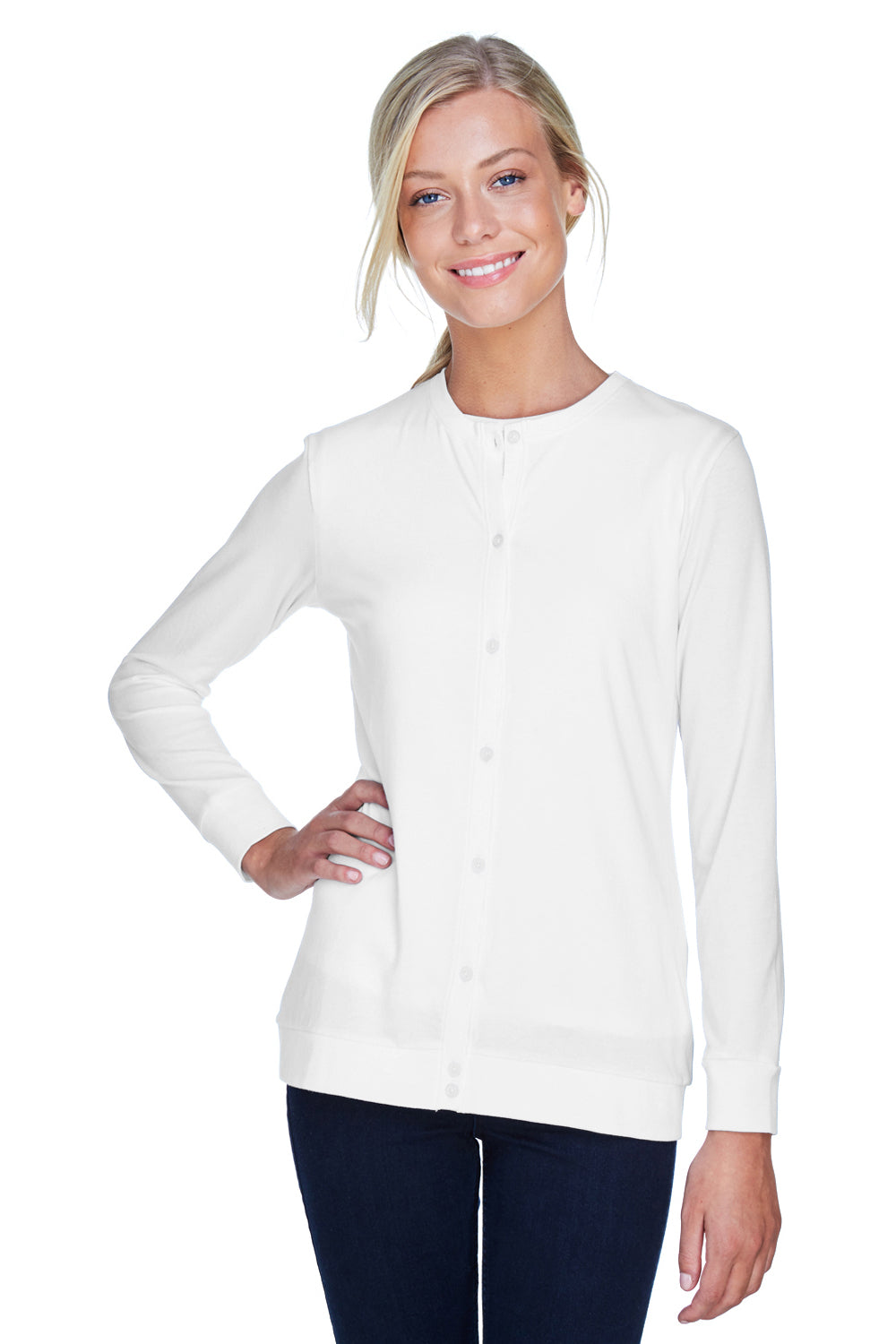 Devon & Jones DP181W Womens Perfect Fit Ribbon Cardigan Sweater White Front