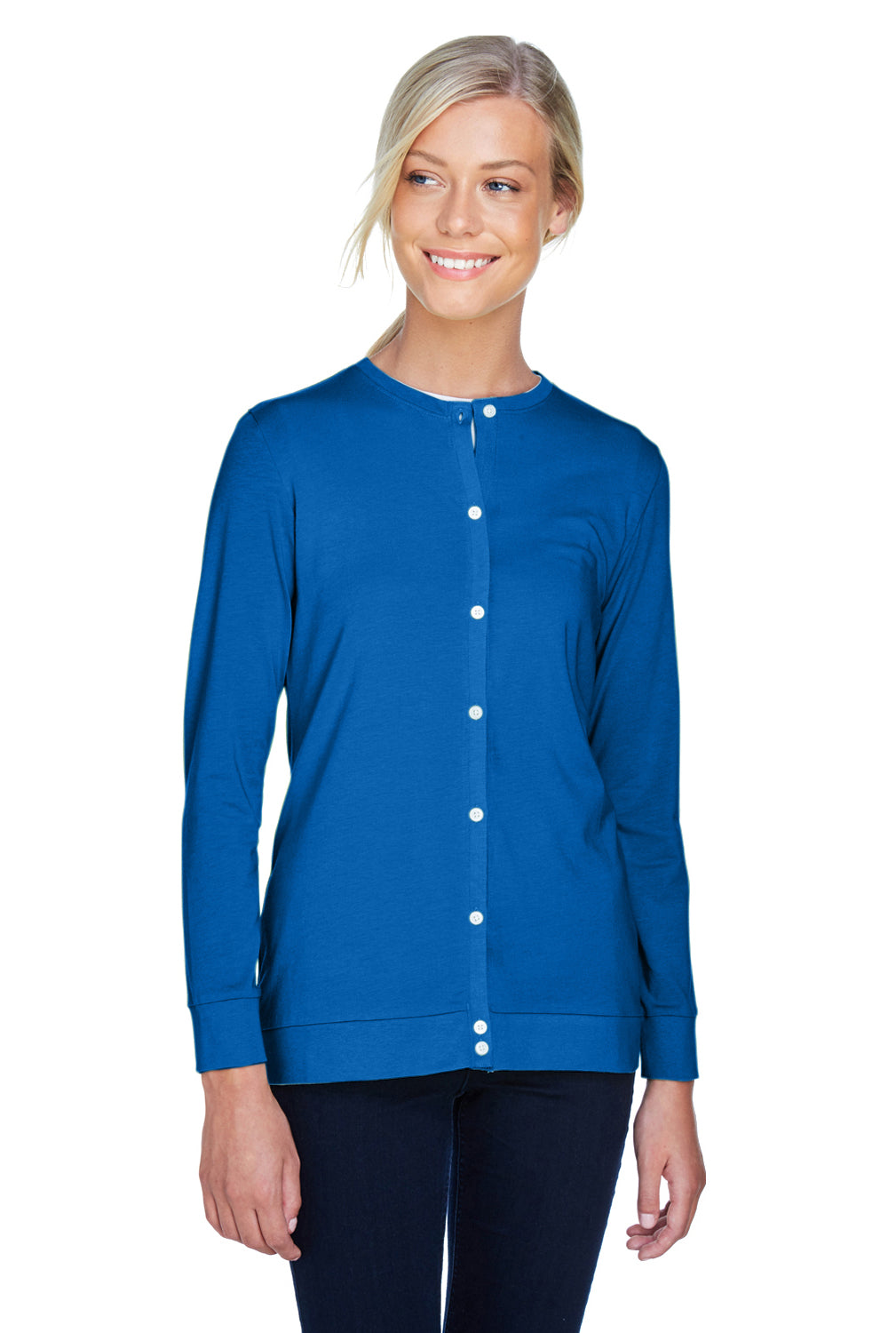 Devon & Jones DP181W Womens Perfect Fit Ribbon Cardigan Sweater French Blue Front