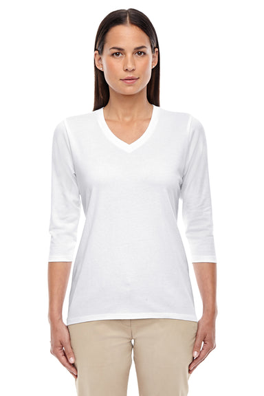 Devon & Jones DP184W Womens Perfect Fit 3/4 Sleeve V-Neck T-Shirt White Front
