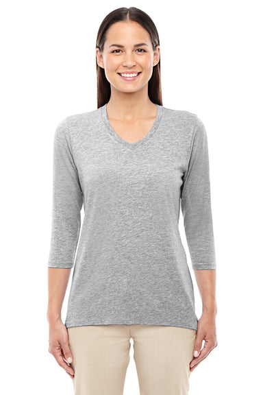 Devon & Jones DP184W Womens Perfect Fit 3/4 Sleeve V-Neck T-Shirt Heather Grey Front